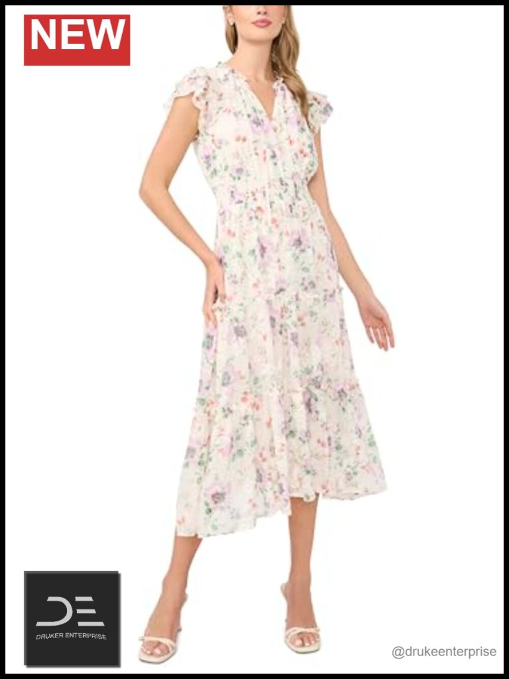 CeCe Midi Dress Flutter Sleeve Tie Neck Smocked Waist Fit & Flare